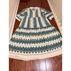 Anthropologie Fig + Flower Green White Damask Tiered Midi Dress Womens Medium